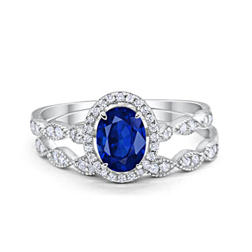 Halo Bridal Set Piece Oval Simulated Blue Sapphire CZ Ring 925 Sterling Silver